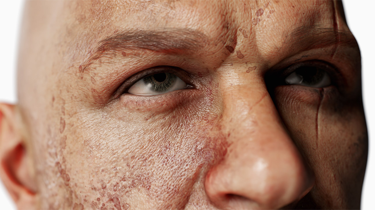 Intimate look at the facial features of the game-ready 3D bad guy character, highlighting the high-res ZBrush sculpt.